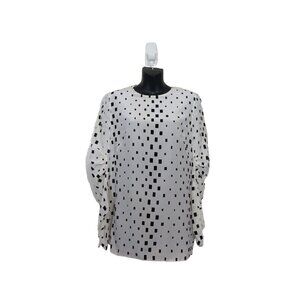 Akris Punto Size 8 Silk Printed Blouse Top White Long Sleeve Ruched Mini Puff